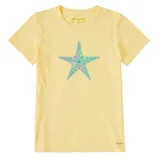 Yellow T-shirt featuring a blue and green starfish design composed of various intricate patterns.