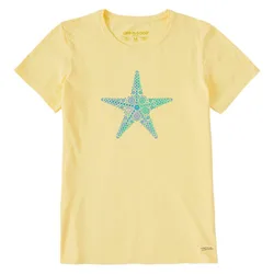Yellow T-shirt featuring a blue and green starfish design composed of various intricate patterns.