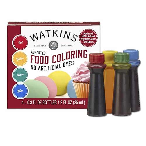 Watkins assorted food coloring includes four 0.3 fl oz bottles in red, yellow, green, and blue, made with natural vegetable juices and spices, containing no artificial dyes.