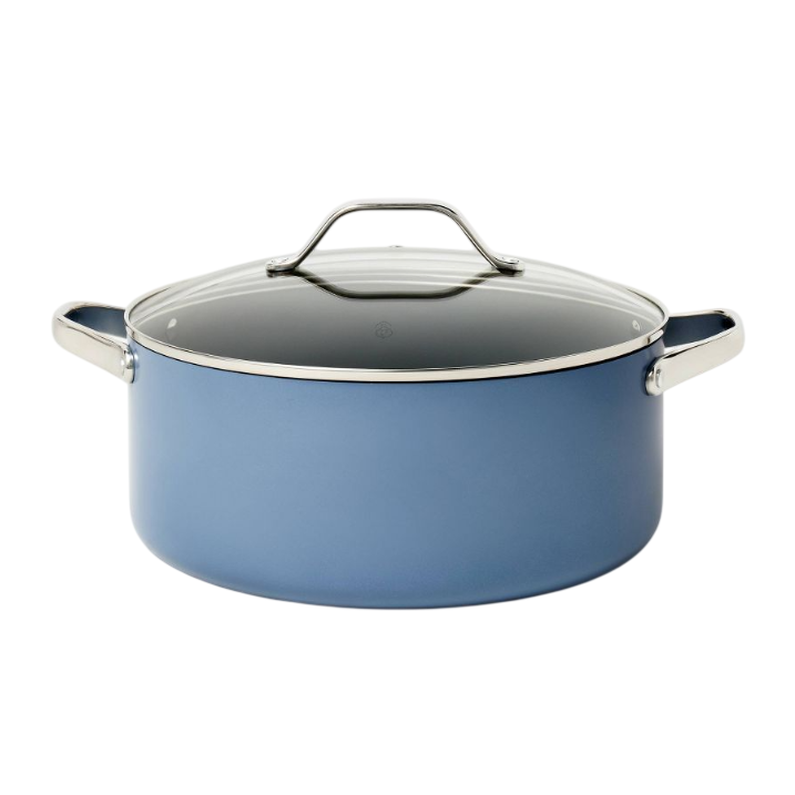 A blue cooking pot with a glass lid and stainless steel handles is pictured, suitable for versatile stovetop cooking.