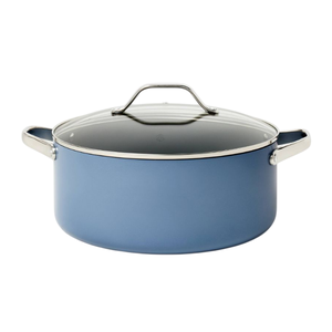A blue cooking pot with a glass lid and stainless steel handles is pictured, suitable for versatile stovetop cooking.