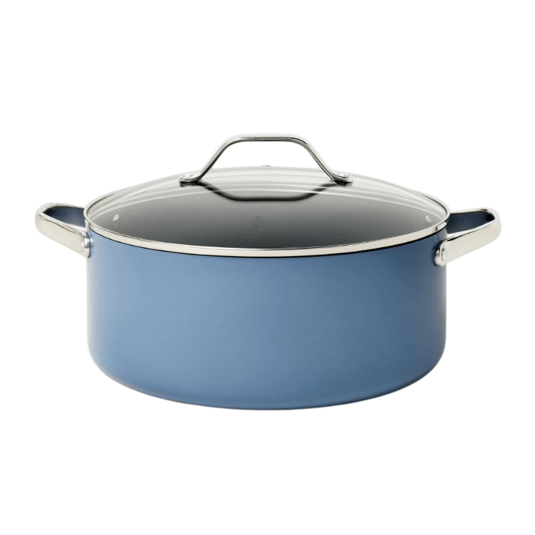A blue cooking pot with a glass lid and stainless steel handles is pictured, suitable for versatile stovetop cooking.