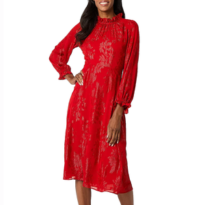 A red midi A-line dress by Liz Claiborne features a floral pattern with puffed long sleeves and a ruffled high neckline, offering an elegant and flowy look.