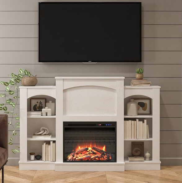 A flat-screen TV mounted above an electric fireplace with surrounding shelves containing books and decorative items.