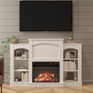 A flat-screen TV mounted above an electric fireplace with surrounding shelves containing books and decorative items.