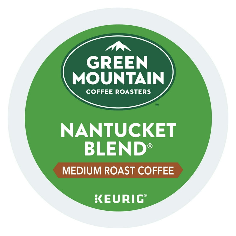 Green Mountain Nantucket Blend K-Cup (24ct) features a medium roast coffee, suitable for use with Keurig machines, labeled with a green and brown design.