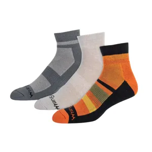 Three pairs of ankle socks in different colors: gray, white, and orange with multi-color stripes.