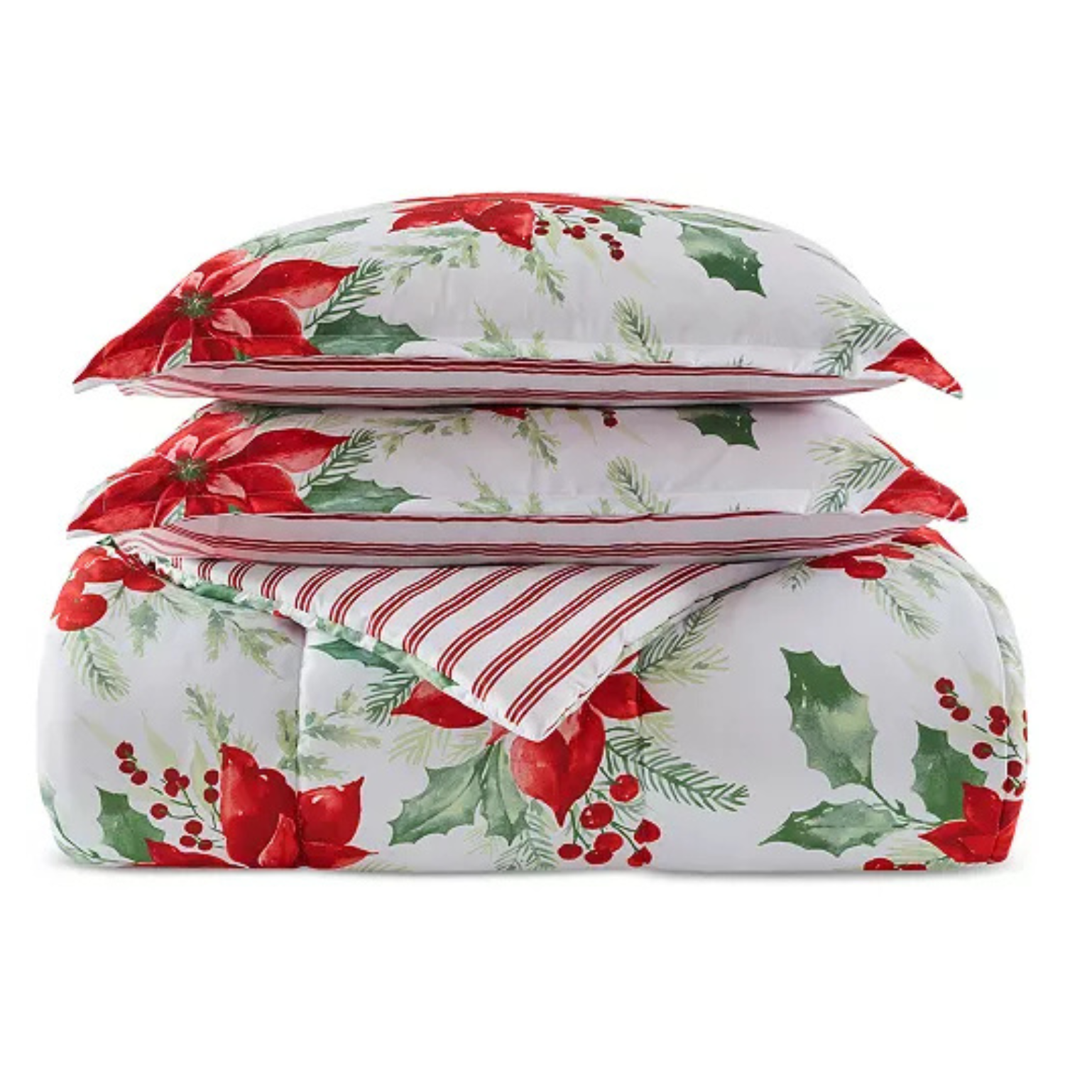 A comforter set featuring a poinsettia and holly pattern, with one side displaying red stripes on a white background, suitable for holiday-themed bedding decor.