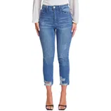 High-waisted blue skinny jeans with distressed detailing at the knees and hem, paired with black open-toed sandals.