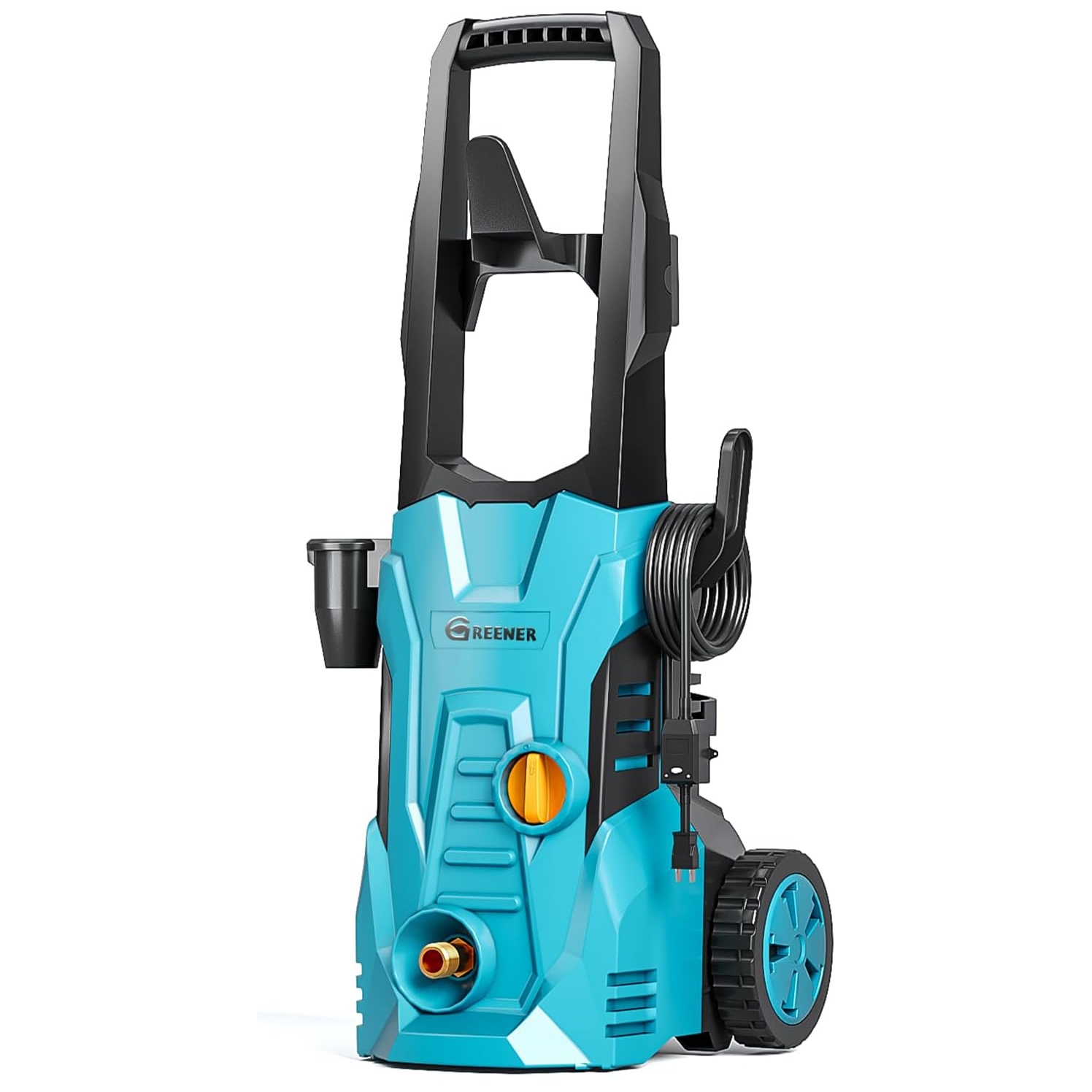 A Greener Electric Pressure Washer with 3800 PSI features a blue and black design, complete with wheels for mobility, a hose reel on the side, and a top handle for easy transport.