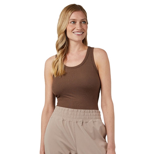 The 32 Degrees Built-In Bra Tanks are sleeveless tops featuring a built-in bra for added support and comfort, shown here in a brown color. The material appears soft and stretchy, making them suitable for casual wear or layering.