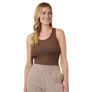 The 32 Degrees Built-In Bra Tanks are sleeveless tops featuring a built-in bra for added support and comfort, shown here in a brown color. The material appears soft and stretchy, making them suitable for casual wear or layering.