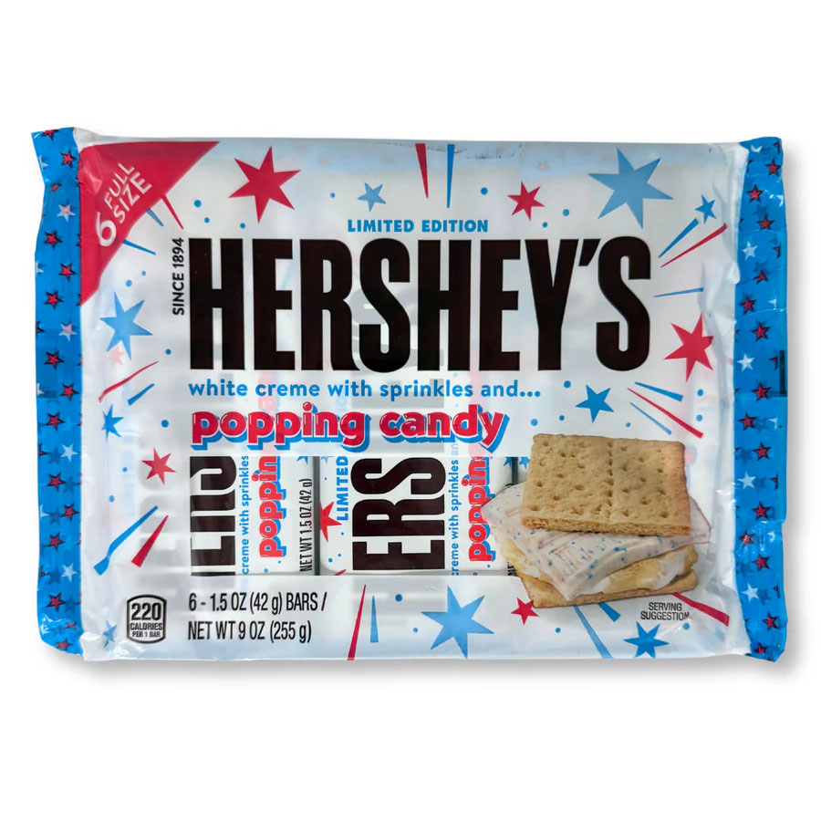 Limited Edition Hershey's Popping Candy Bars feature white creme with sprinkles and popping candy. The package contains 6 full-size bars, each weighing 1.5 oz, with a total net weight of 9 oz (255 g).