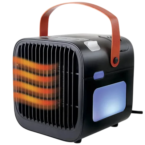 A small, portable space heater with a handle, featuring front air vents emitting warm air and a side light panel.
