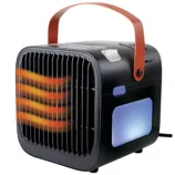 A small, portable space heater with a handle, featuring front air vents emitting warm air and a side light panel.