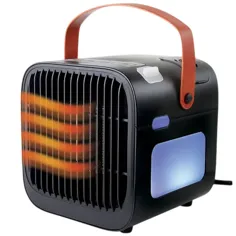A small, portable space heater with a handle, featuring front air vents emitting warm air and a side light panel.