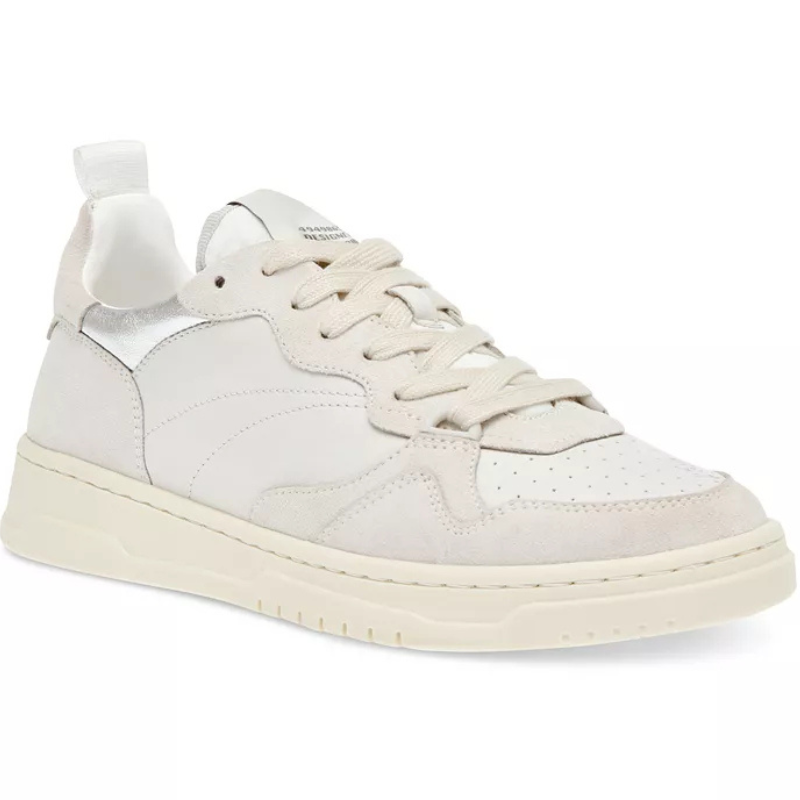 White Steve Madden Court sneakers with a low-top design, perforated detailing on the toe box, cream-colored laces, and a matching cream sole.