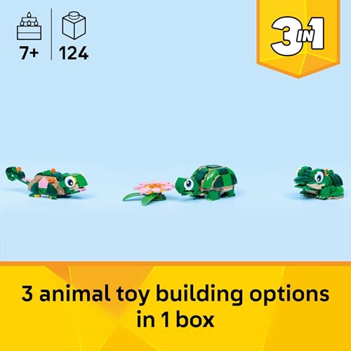 Toy building set with 124 pieces for ages 7+, allowing creation of three different animals: a chameleon, a turtle, and a frog.
