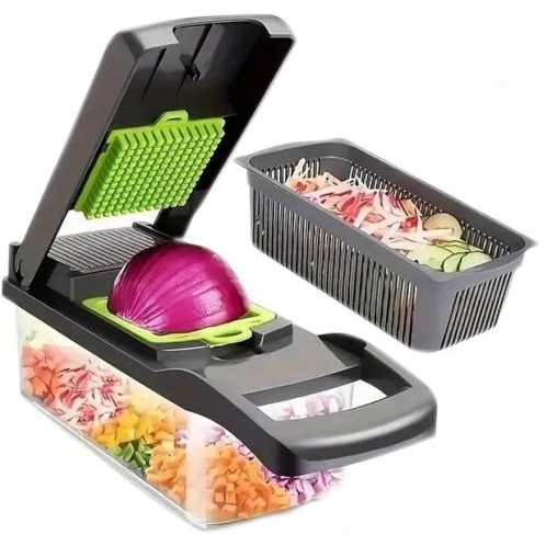 A vegetable slicer and dicer set with a lid that has a gridded cutting area, slicing vegetables into a container below. A separate container filled with sliced vegetables is included.