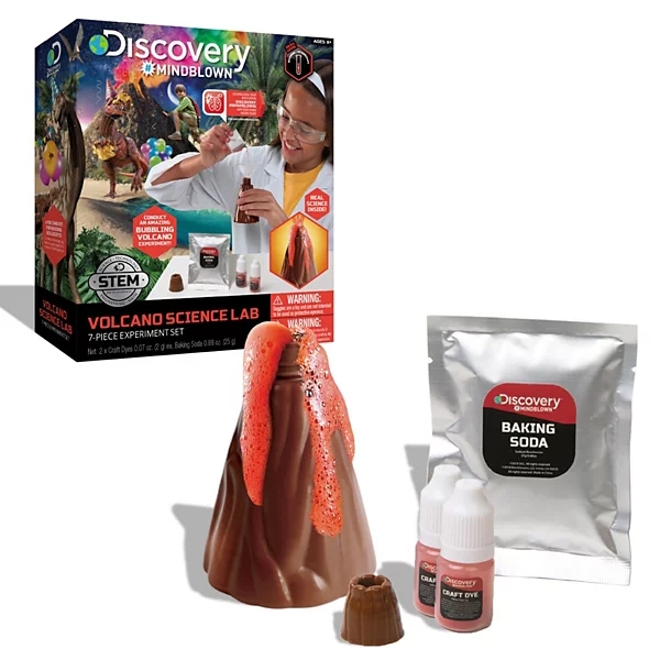 Discovery #MINDBLOWN Volcano Science Lab is a 7-piece STEM experiment set for building a model volcano. Includes craft dye, baking soda, and the volcano model. Suitable for ages 8 and up.
