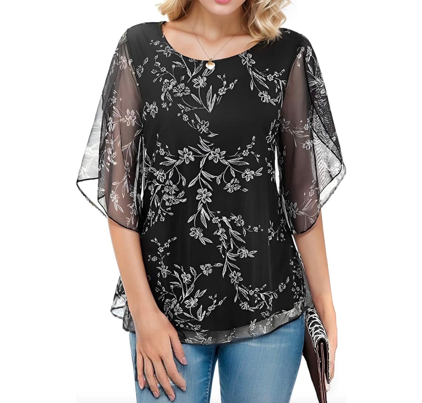 Black women's chiffon blouse with floral print, featuring elbow-length sheer sleeves and a loose fit.