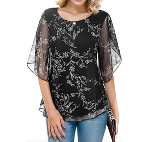 Black women's chiffon blouse with floral print, featuring elbow-length sheer sleeves and a loose fit.