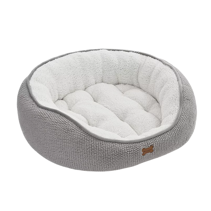 Gray and white plush pet bed with a textured exterior and a soft, padded interior, designed for comfort.