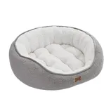 Gray and white plush pet bed with a textured exterior and a soft, padded interior, designed for comfort.