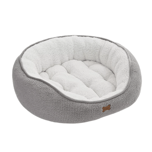 Gray and white plush pet bed with a textured exterior and a soft, padded interior, designed for comfort.