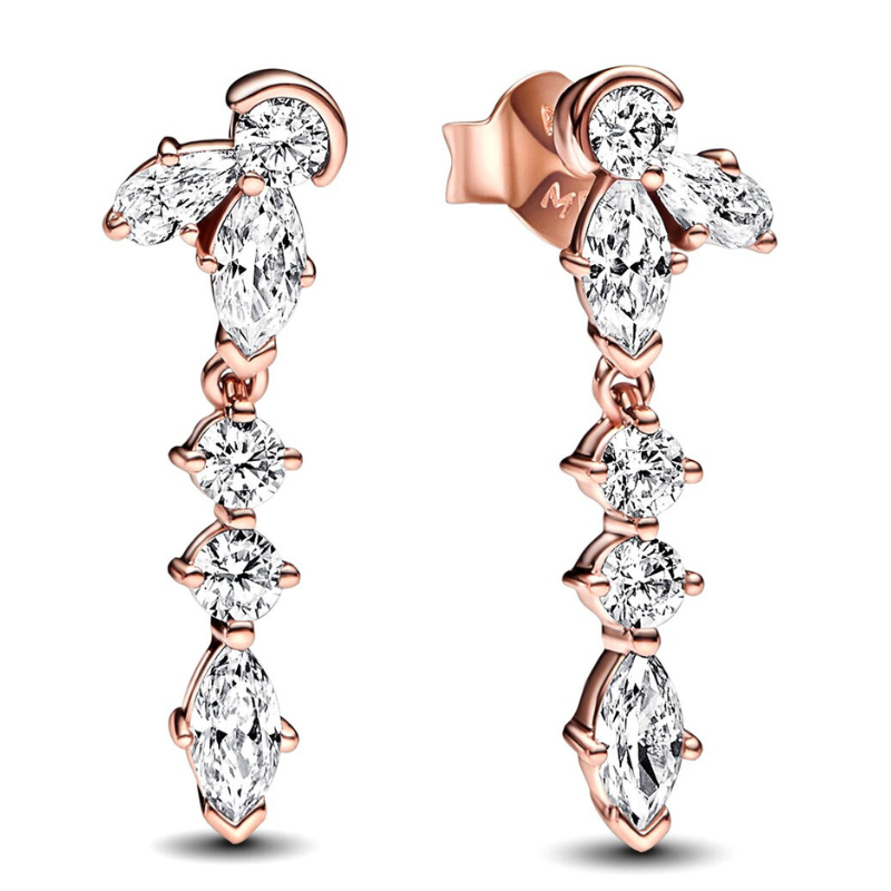 Rose gold earrings featuring marquise and round-cut gemstones in a linked dangle design.