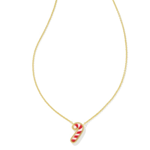 Gold chain necklace featuring a candy cane-shaped pendant with red and white stripes.