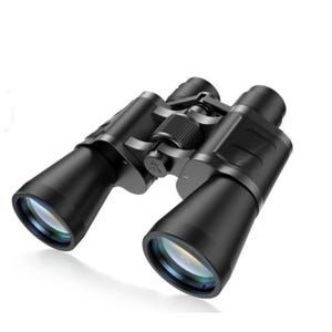 Black binoculars with central focusing wheel and coated lenses.