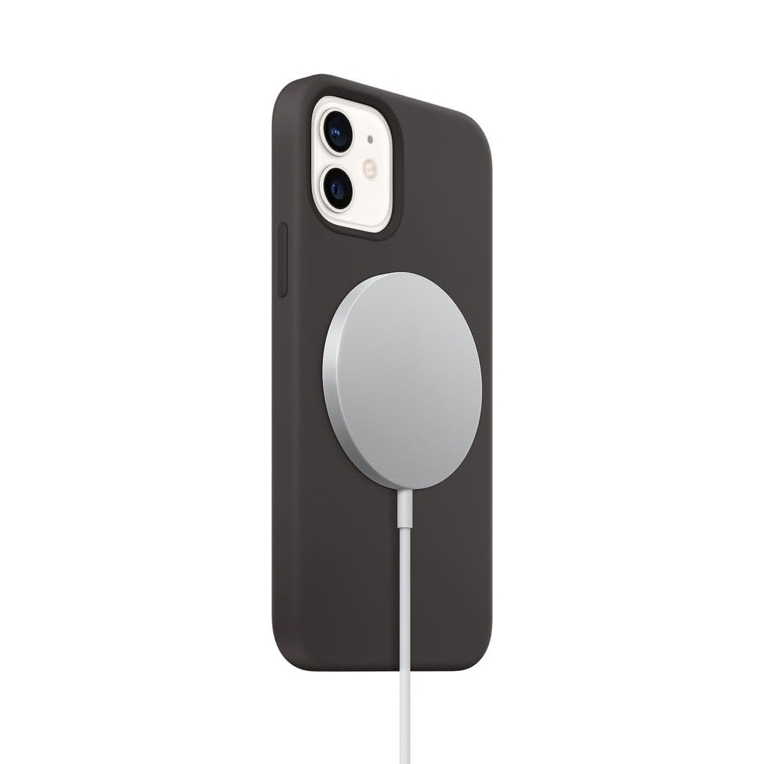 A silver MagSafe wireless charger is attached to the back of a black phone case. The charger features a circular pad and a connected cable for charging compatible devices.