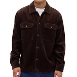 Dark brown corduroy button-up shirt with front pockets and collar, worn over a white shirt, paired with blue jeans.