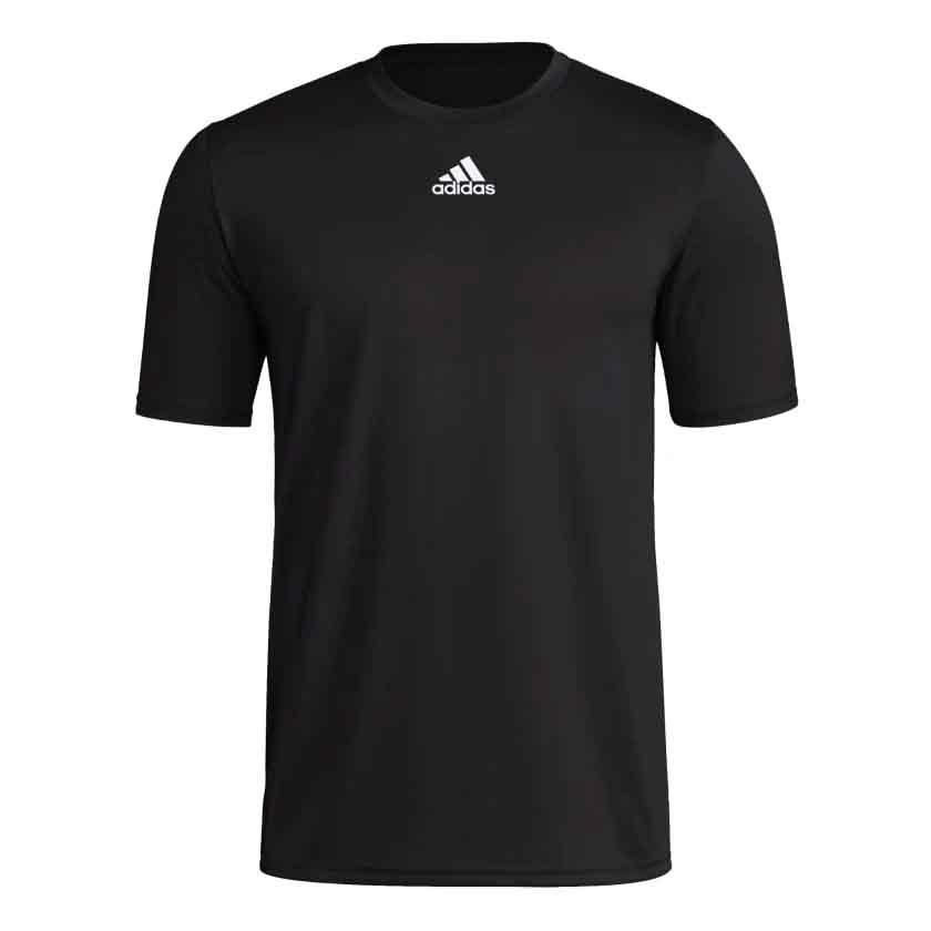 Black Adidas Men's Pregame Sport Tee with short sleeves and the Adidas logo on the chest.
