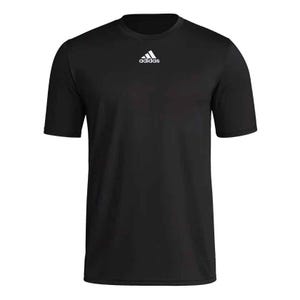 Black Adidas Men's Pregame Sport Tee with short sleeves and the Adidas logo on the chest.