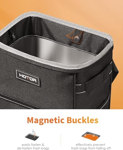 A car trash can with magnetic buckles designed to secure trash bags, featuring a sturdy black fabric exterior.