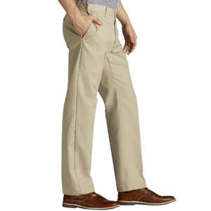 A person is wearing beige khaki pants and brown shoes. The pants have a straight-leg cut and side pockets.