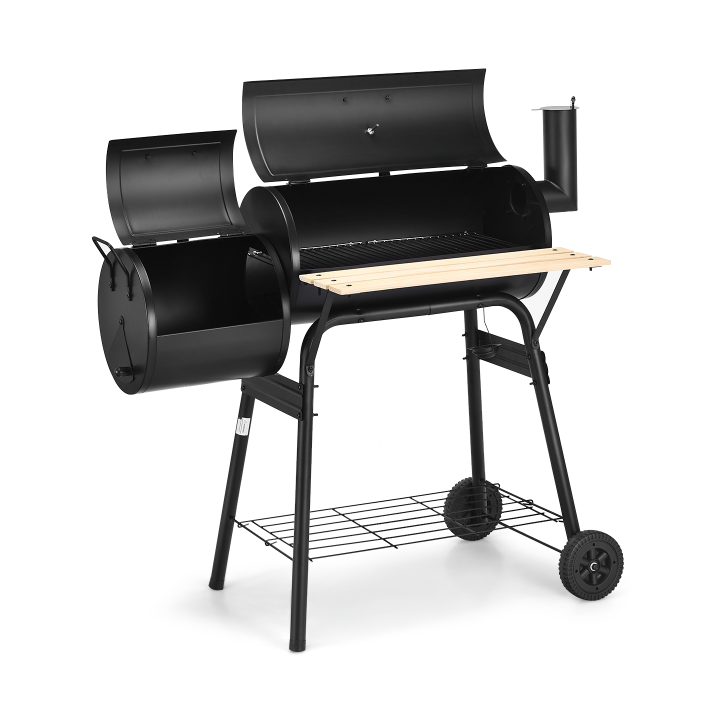 A black outdoor charcoal grill with an offset smoker, featuring a main cooking chamber, wooden shelf, lower storage rack, and sturdy wheeled legs for mobility.
