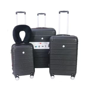 Three black hard-shell suitcases of varying sizes, each with four wheels and telescopic handles. A black neck pillow is draped over the smallest suitcase.