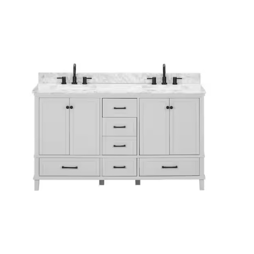 A double-sink bathroom vanity with a white marble countertop and black fixtures, featuring two cabinets on either side and four central drawers for storage.