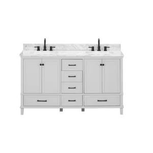 A double-sink bathroom vanity with a white marble countertop and black fixtures, featuring two cabinets on either side and four central drawers for storage.