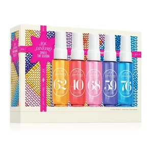 Sol de Janeiro \“Spritz the Season\“ gift set features five fragrance mists in colorful bottles numbered 62, 40, 68, 39, and 76. The set is packaged in a festive box.
