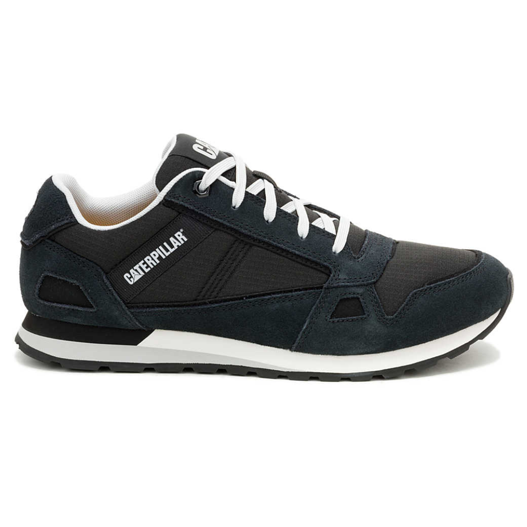 This is a black and dark gray sneaker by Caterpillar featuring white laces and a cushioned sole for casual wear.