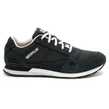 This is a black and dark gray sneaker by Caterpillar featuring white laces and a cushioned sole for casual wear.