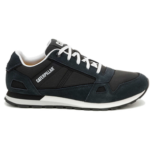 This is a black and dark gray sneaker by Caterpillar featuring white laces and a cushioned sole for casual wear.
