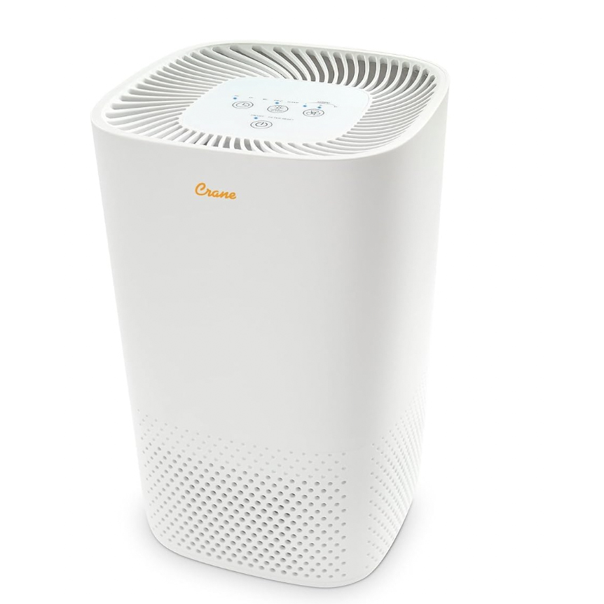 A white air purifier with a modern design, branded as Crane. The top features control buttons and the body has perforations for airflow.