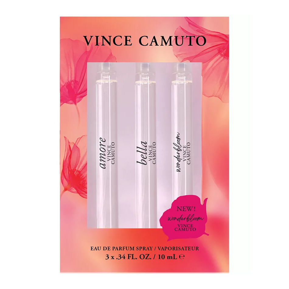 Vince Camuto 3-piece perfume set includes Amore, Bella, and Wonder Bloom Eau de Parfum sprays, each 10 mL (0.34 fl. oz). The package features a floral design with pink and red hues.