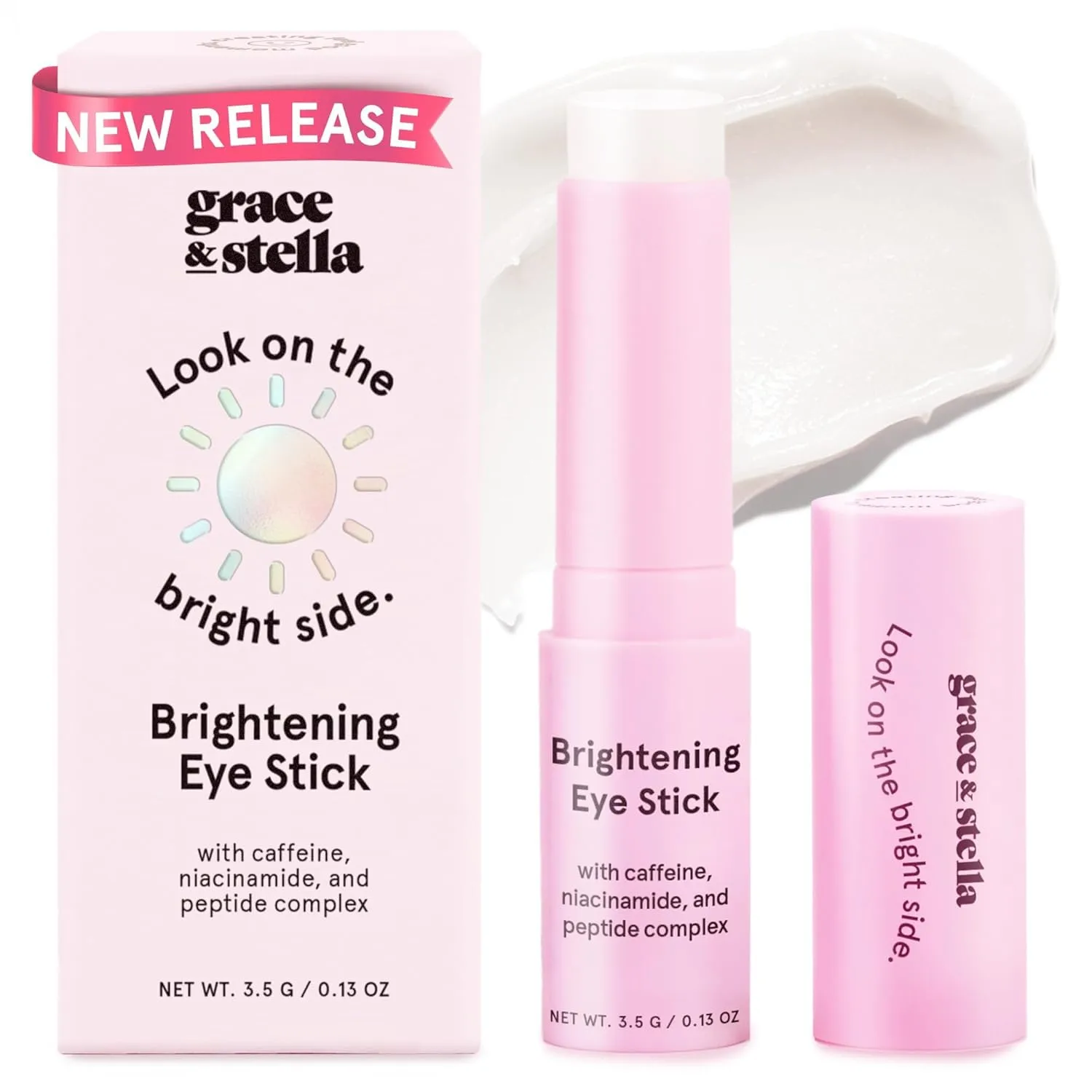 Grace & Stella Brightening Eye Stick with caffeine, niacinamide, and peptide complex. The packaging has a \“Look on the bright side\“ slogan and indicates a new release. Net weight: 3.5 g / 0.13 oz.