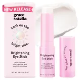 Grace & Stella Brightening Eye Stick with caffeine, niacinamide, and peptide complex. The packaging has a \“Look on the bright side\“ slogan and indicates a new release. Net weight: 3.5 g / 0.13 oz.